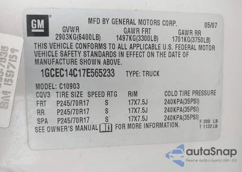 2007 Chevrolet Silverado 1500 Work Truck из США, поврежденный, VIN 1GCEC14C17E565233